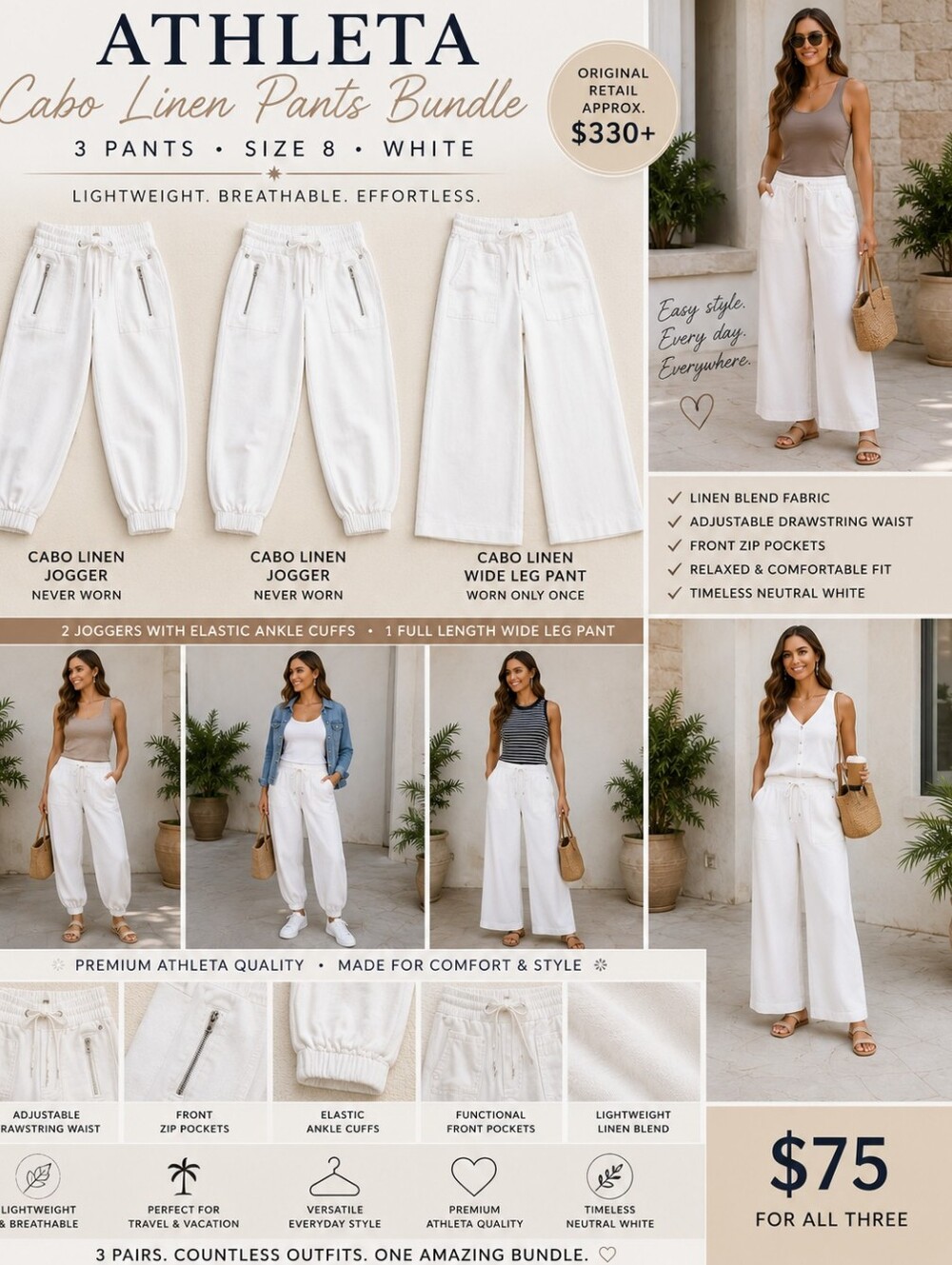 3 Athleta Size 8 White Cabo Linen Pants Bundle – 2 Joggers + Wide Leg | Like New